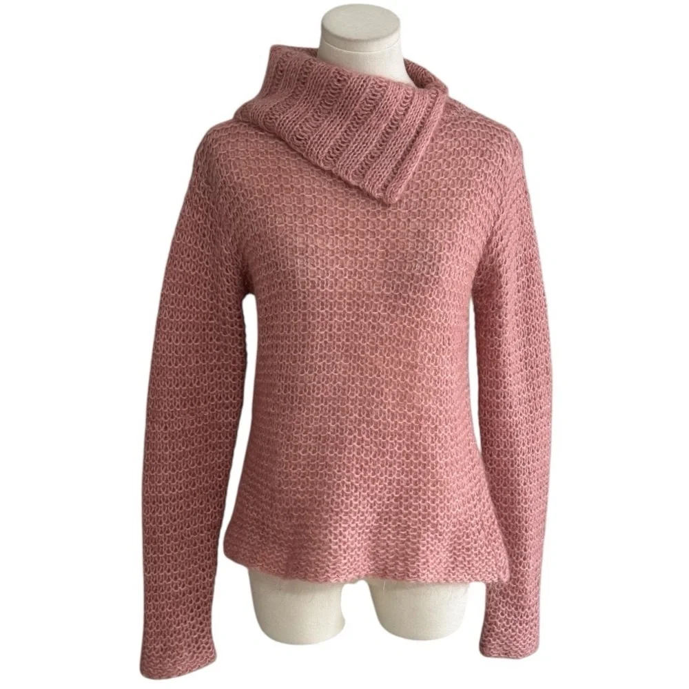 FREE‎ PEOPLE Pink Cowl Neck Split Sweater Wool Size M S Fuzzy Knit Open Weave
